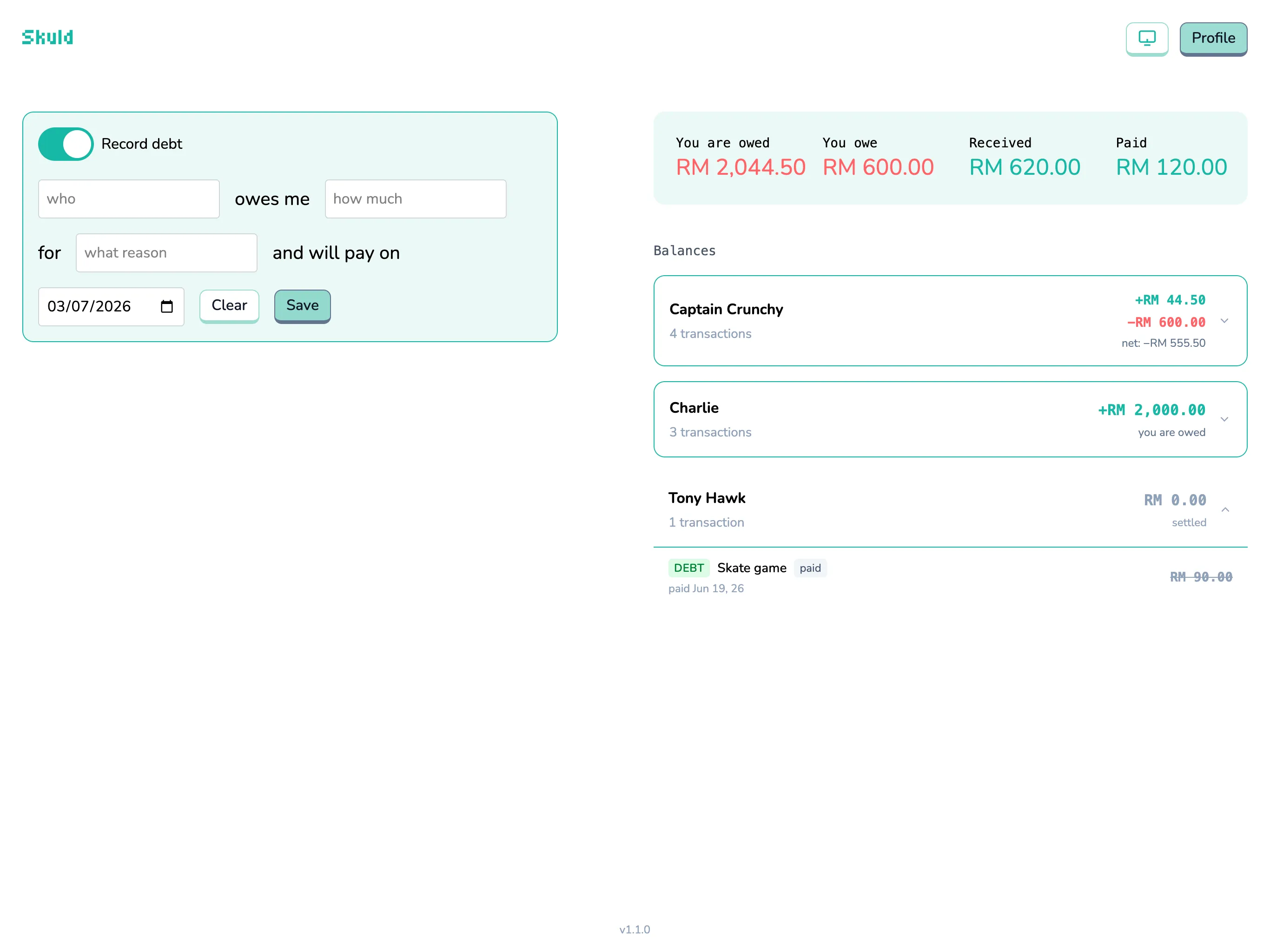 Skuld main dashboard